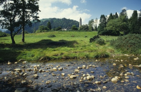 IRELAND, Co. Wicklow, Glendalough, Ruins of St Kevin’s monastery  dating from the Sixth Century set