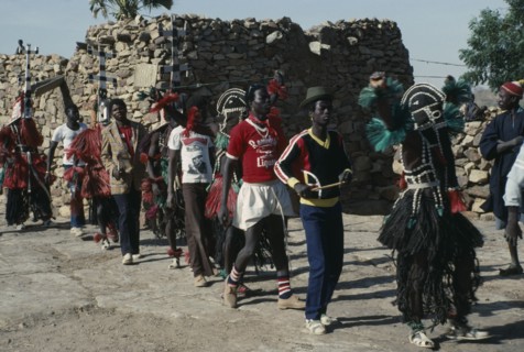 MALI, Ceremony, Dogon funeral dance.  Dancers wear masks depicting mythical animals and believe