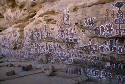 MALI, Bandiagara Escarpment, Dogon rock paintings at sacred site of circumcision rituals which take
