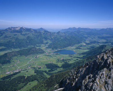 AUSTRIA, Pyramidenspitze, Kaisergebirge Mountains, "View North East from summit, Walchseed village