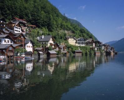 AUSTRIA, Salzburg, Dachstein, "Village of Hallstatt on West of Hallstattersee. Wooden fronted