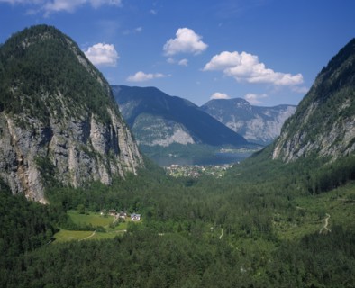 AUSTRIA, Salzburg, Dachstein, "Waldbach Valley covered in trees, Village of Lahn by lake of
