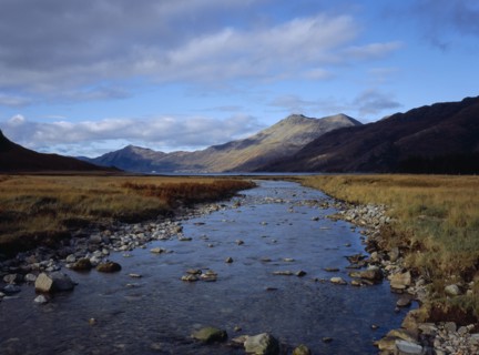 SCOTLAND, Highlands, Knoydart, "River Barrisdale flowing to Loch Hourn, Beinn Sgritheall beyond"