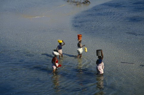 MOZAMBIQUE, Pemba, Elevated view over women wading in the sea carrying bowls and buckets on their