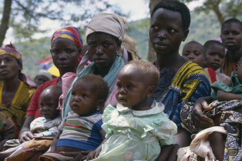 UGANDA, Orukinga Refugee Camp, Women listening to nutrition advice given to mothers with vulnerable