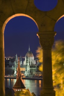 HUNGARY, Budapest, "Night time view of Parliament over the Danube from Fishermen's Bastion, viewed