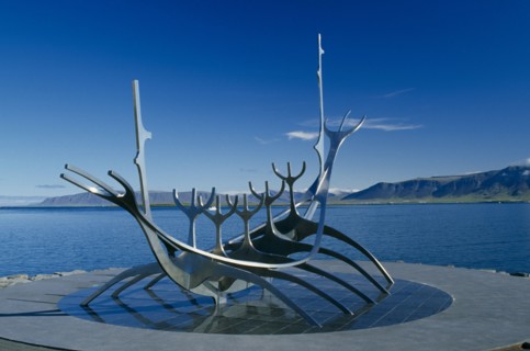 ICELAND, Reykjavik, Near klapparstigur. Viking Ship sculpture called the Suncraft