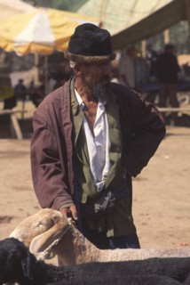 CHINA, Xinjiang Province, Kashgar, Tajik man with sheep for sale