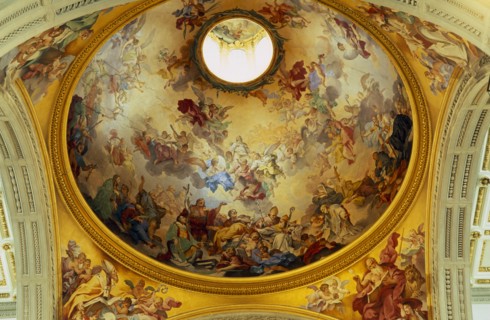 ITALY, Tuscany, Florence, Basilica de San Lorenzo.  Interior with painted ceiling of cupola.