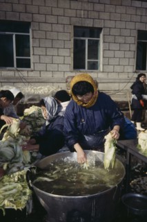 NORTH KOREA, Pyongyang, Women preparing Kimqi the national pickled cabbage dish