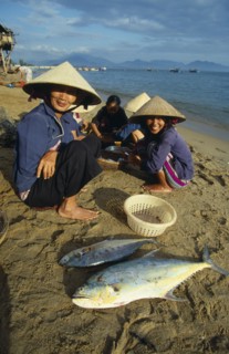 VIETNAM, Nha Trang, Woman with fish at Cau Dau fishing village at the South end of the beach.