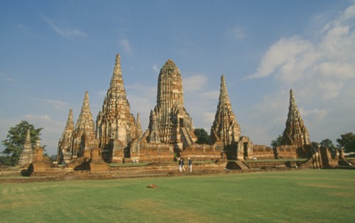 THAILAND, Ayuthaya, "General view of the old city ruins, scattered among grassy fields. "
