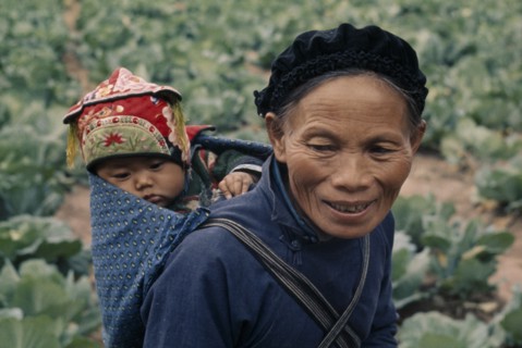 CHINA, Children, Carrying, Woman from Miao minority people carrying child on her back in papoose.