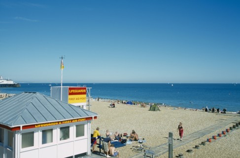ENGLAND, East Sussex, Eastbourne, Lifeguard and First Aid Station on beach.