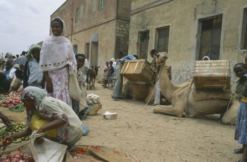 ERITREA, Decamare, Market scene with women and children beside vegetable vendor with laden camels