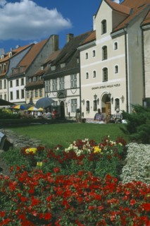 LATVIA, Riga, Houses and colourful flowerbeds on Skunu Street.