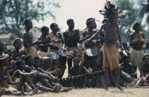 CONGO, Gungu, Bapende tribal musicians playing at Gungu Festival.