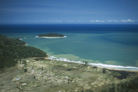 INDONESIA, Tsunami, Aceh Province, "Aerial shot looking down on flooded Aceh coastline and