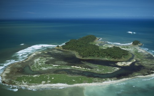 INDONESIA, Tsunami, Aceh Province, Island with brackish water after and destroyed vegetation after