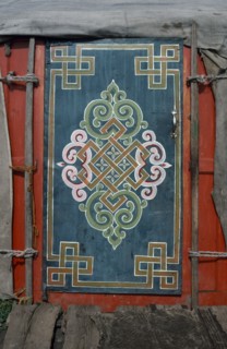 MONGOLIA, General, Painted wooden door of yurt.