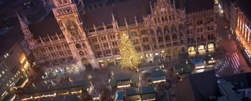 GERMANY, Bavaria, Munich, Panoramic view of the Christmas Market beneath the Rathaus.
