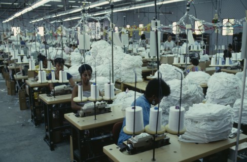 DOMINICAN REPUBLIC, Industry, Interior of clothing factory with female workers seated at machines.
