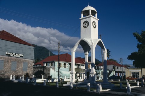 MONTSERRAT, Plymouth, Town square and clock tower prior to volcanic eruption.