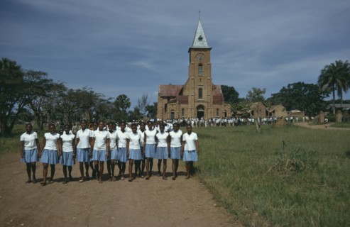 CONGO, Lisala, School choir posing for photograph outside Lisala Cathedral.