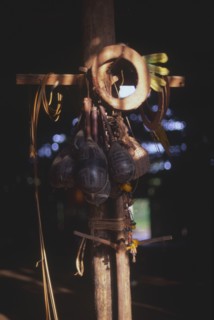 VENEZUELA, Vaupes , Traditional Tukano indian head-dress and maracas.