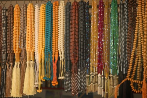 UAE, Abu Dhabi, "Colourful tasbeeh, prayer beads, for sale in the Central Market. "