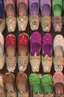 UAE, Dubai, Colourful traditional Arab footware for sale in Old Souk.