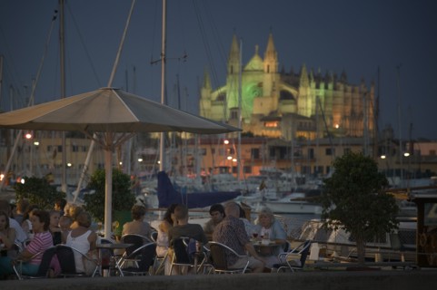 SPAIN, Balearic Islands, Mallorca, "Palma de Mallorca, Cafe with the Cathedral behind, set in the