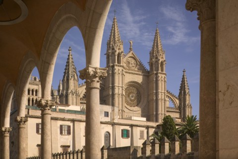 SPAIN, Balearic Islands, Mallorca, "Palma de Mallorca, View of the Cathedral from under a row of