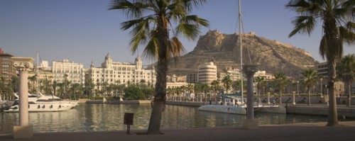 SPAIN, The Costa Blanca , Alicante, Panoramic view of Castillo de Santa Barbera from the port with