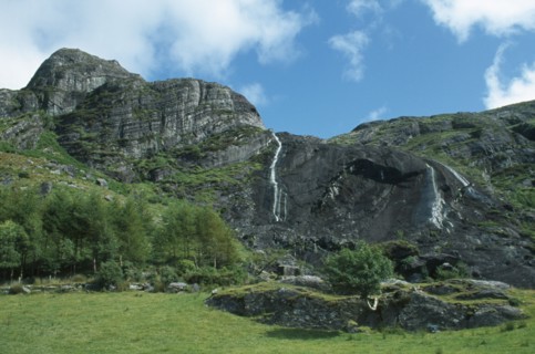 IRELAND, County Kerry, Ring of Kerry, Beara Peninsula View of  grass and trees in front of mountain