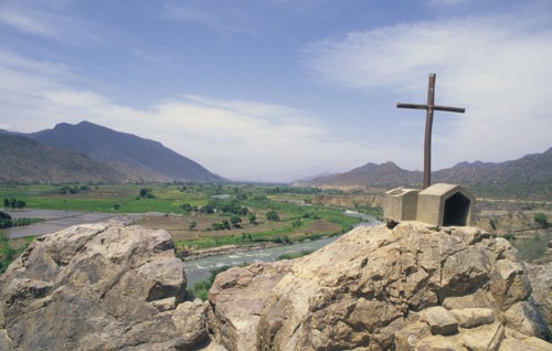 PERU, Northern, "Road side cross, with river and flood plain in back-ground on road from Cajamarca