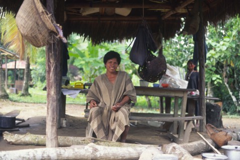 PERU, Nuevo Mundo, Camisea, Machiguenga indian man under a shelter and surrounded by traditional