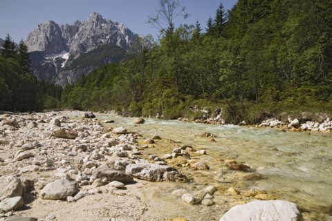 SLOVENIA , Kranjska Gora, Julian Alps, Looking along the Velika Pisnica towards Mount Prisank in