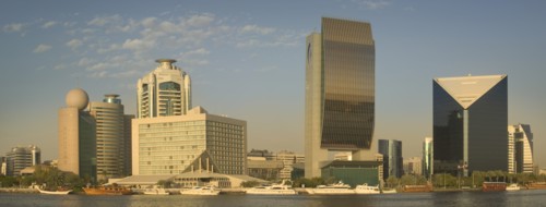 UAE, Dubai., "View of architecture along the Creek including The Etisalat Building, The Hilton, The