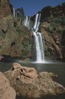 MOROCCO, Middle Atlas, Cascades d’Ouzoud, Waterfalls of the Olives.  Multiple falls cascading over