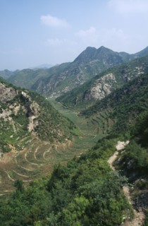 CHINA, Hebei, Beijing, Valley with agricultural terracing.