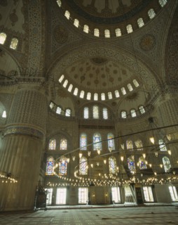 TURKEY, Istanbul, "Interior of Blue Mosque of Sultan Ahmet. Dome roof, stained glass windows and