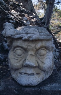 HONDURAS, Copan, Great Plaza, "Mayan Ruins, AD 250 to 900, Detail of carved stone head."