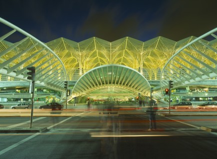 PORTUGAL, Lisbon, Exterior of bus station on the Expo site illuminated at night with light trails