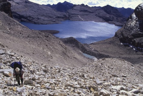 COLOMBIA, Cordillera , Boyaca, "The climb up to Boqueron Bellavista, looking down at a hiker and