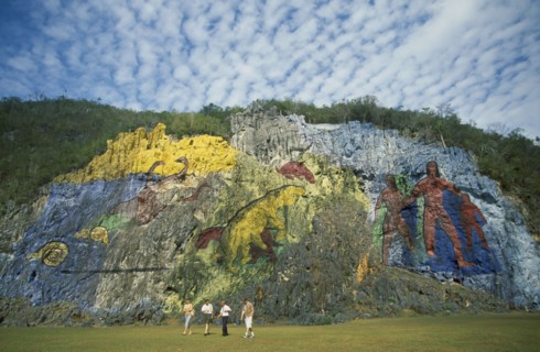 CUBA, Vinales, Mural de la Prehistoria.  Painting by  Leovigildo Gonzales depicting evolution from