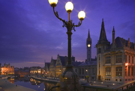 BELGIUM, East Flanders, Ghent, "View at night of the medieval core of the city over the Leie River