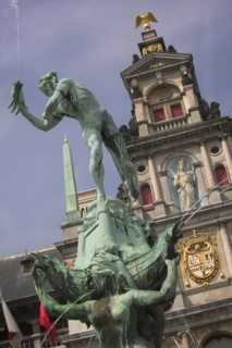 BELGIUM, Flemish Region, Antwerp, Detail of the Brabo Fountain in front of the Stadhuis in Grote