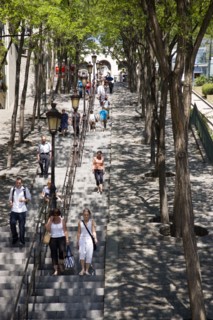 FRANCE, Ile de France, Paris, Montmartre People on the tree lined steps of the Rue Foyatier beside