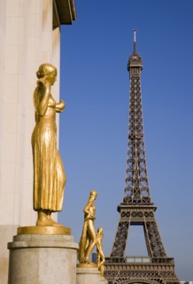FRANCE, Ile de France, Paris, Gilded bronze statues in the central square of the Palais de Chaillot